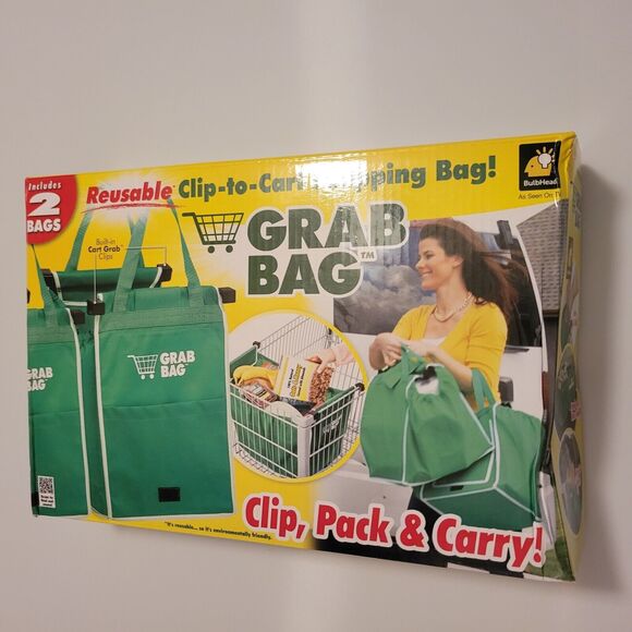 Grab Bag Grocery Shopping Clip to Cart Reusable Expandable Pocket 2 Pack Bags - Picture 2 of 4